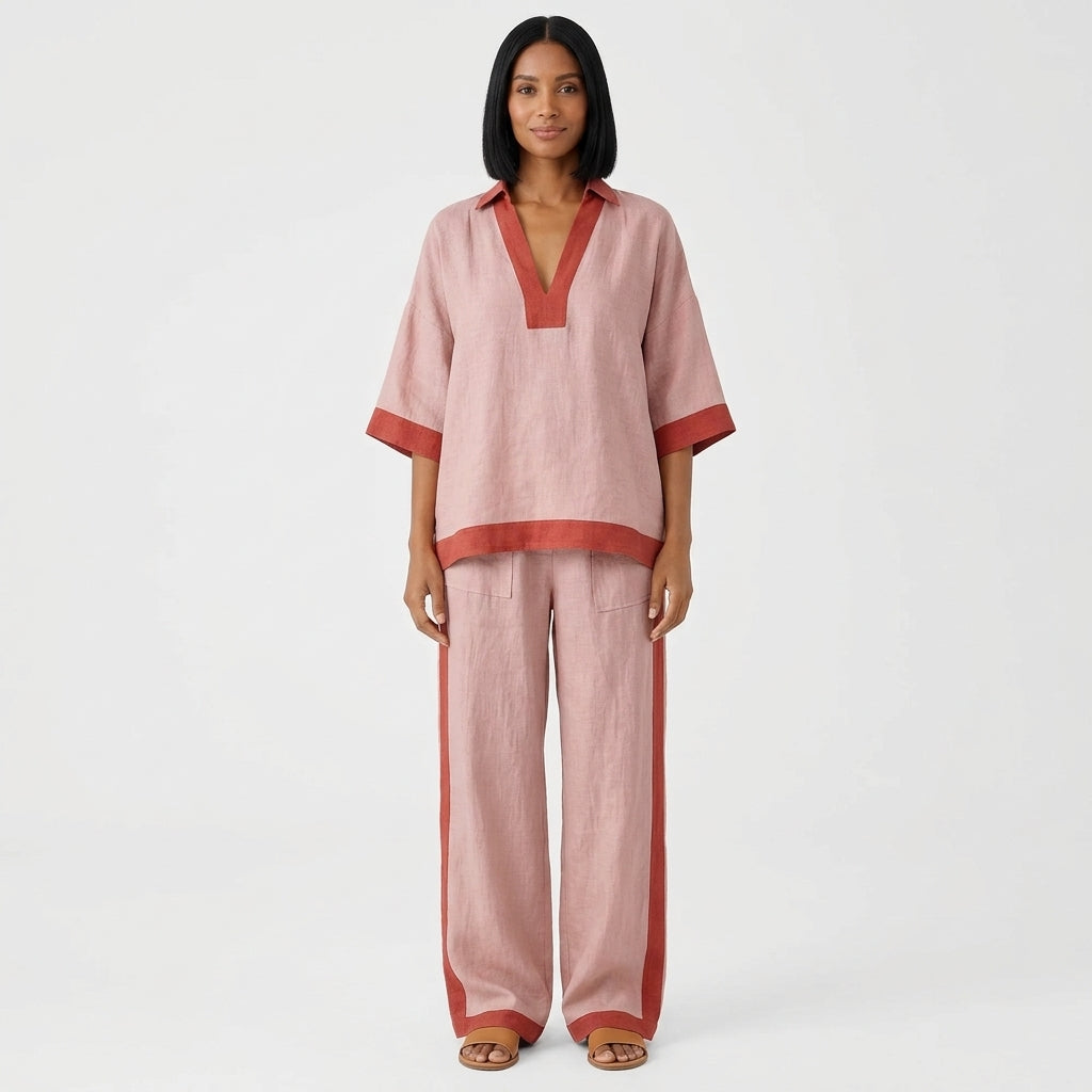 Marissa | Women's Contrast-Trim Two-Piece Set with V-Neck Top and Wide-Leg Pants