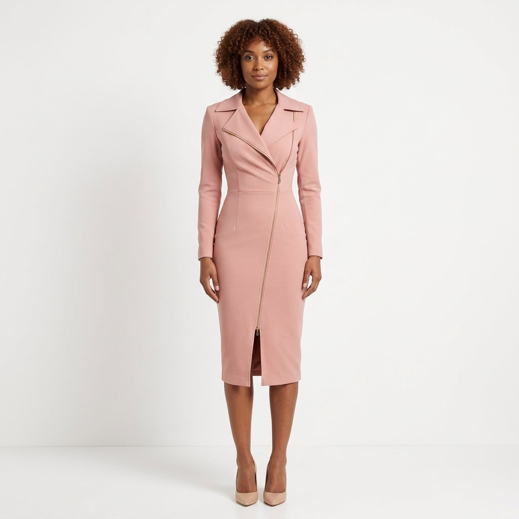 Lucienne Asymmetric Zip Front Tailored Midi Dress