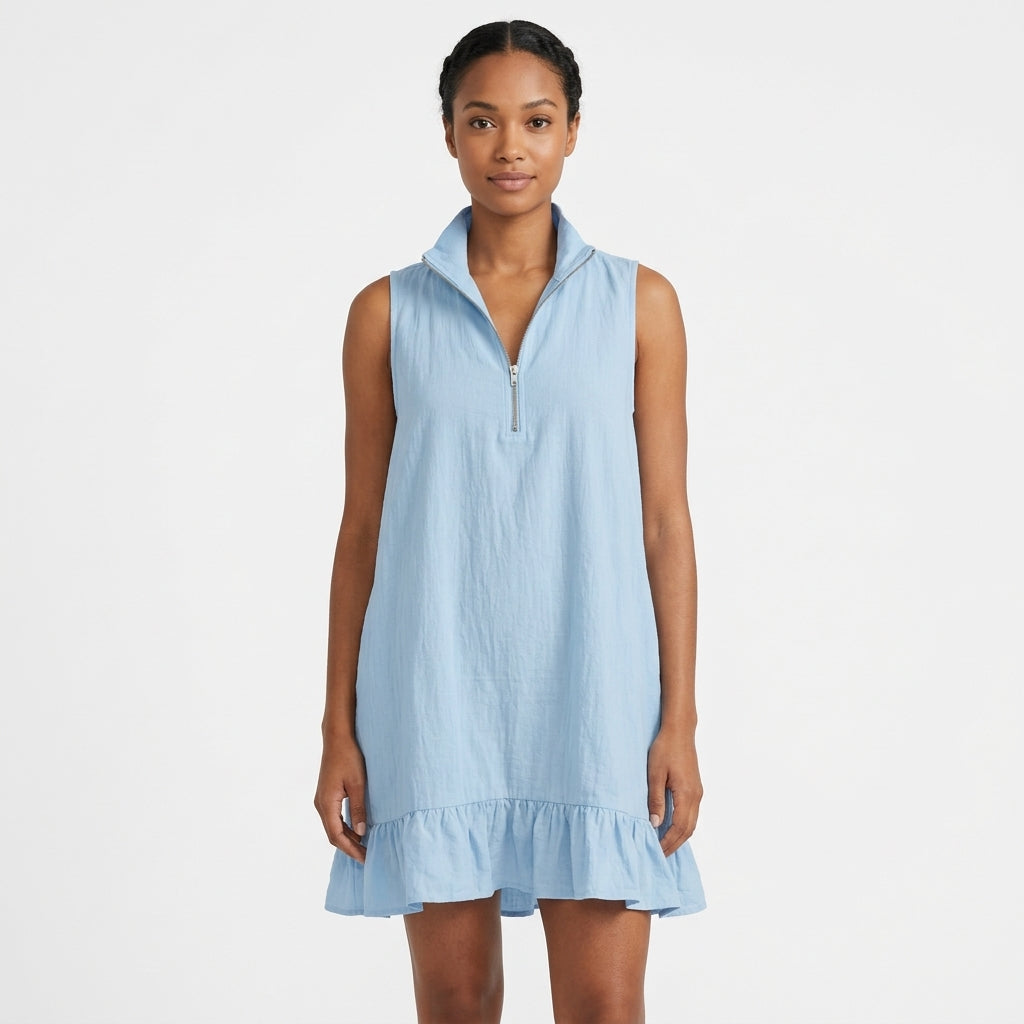 Kendall | Sleeveless Cotton Mini Dress with Half-Zip Neckline and Ruffle Hem