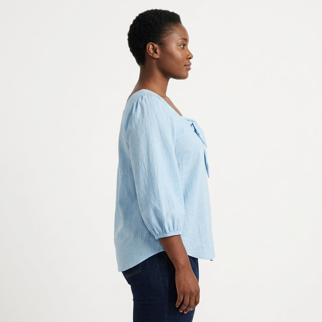 Emilia | Square-Neck Blouse with Front Bow and Three-Quarter Puff Sleeves