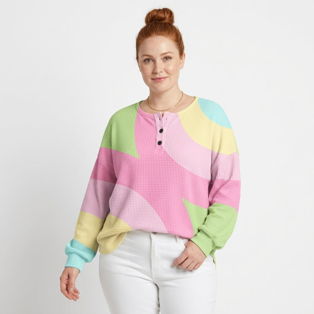 Penelope | Women's Pastel Color-Block Waffle-Knit Henley Sweater