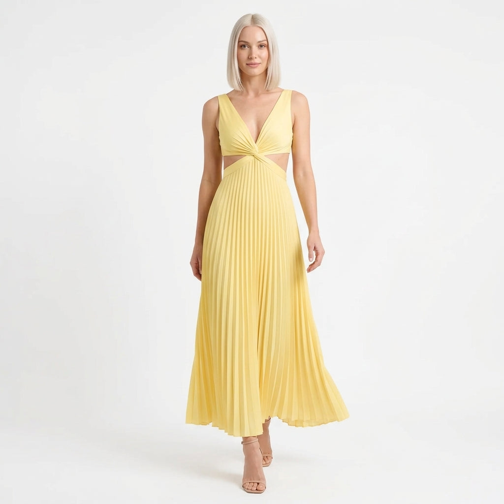 Clara-Jane pleated maxi dress with V-neck and waist cutouts