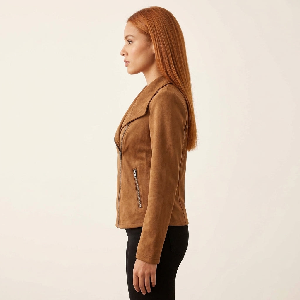 Isabella | Women's Asymmetric-Zip Tailored Faux Suede Biker Leather Jacket