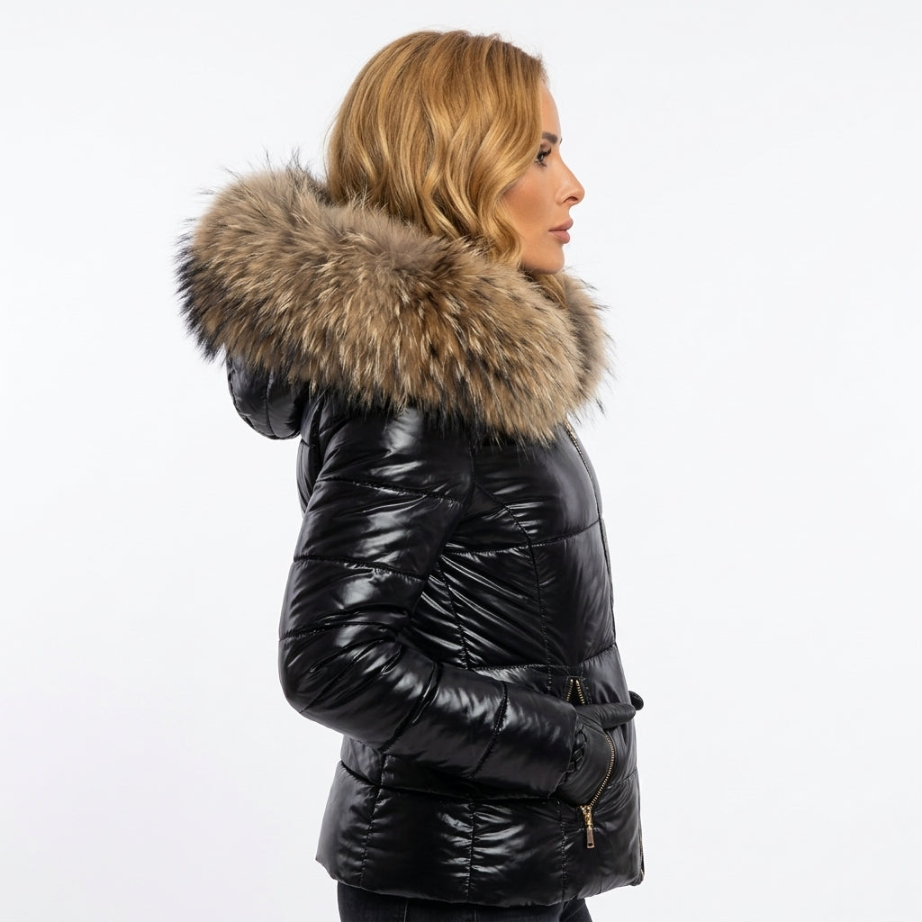 Madison | Women's Fur Hood Puffer Coat Fitted Zip-Front Quilted Jacket