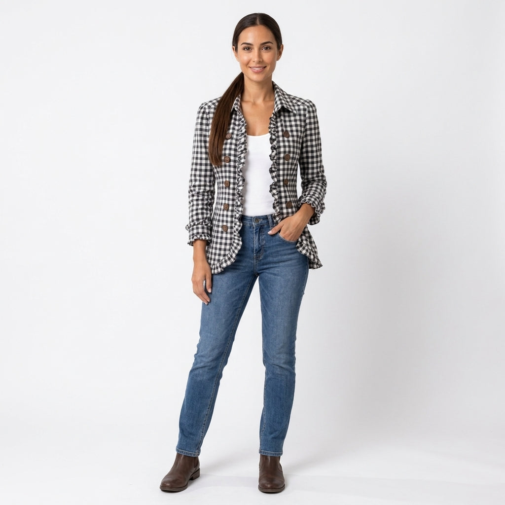 Marina-Louise Women's Gingham Jacket with Ruffle Trim