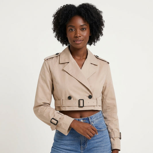 Evelyn | Women's Cropped Double-Breasted Belted Trench Jacket