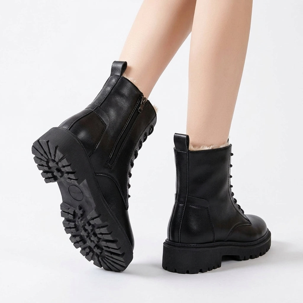 Alyssa – Faux-Fur Lined Ankle Boots with Laces and Chunky Platform