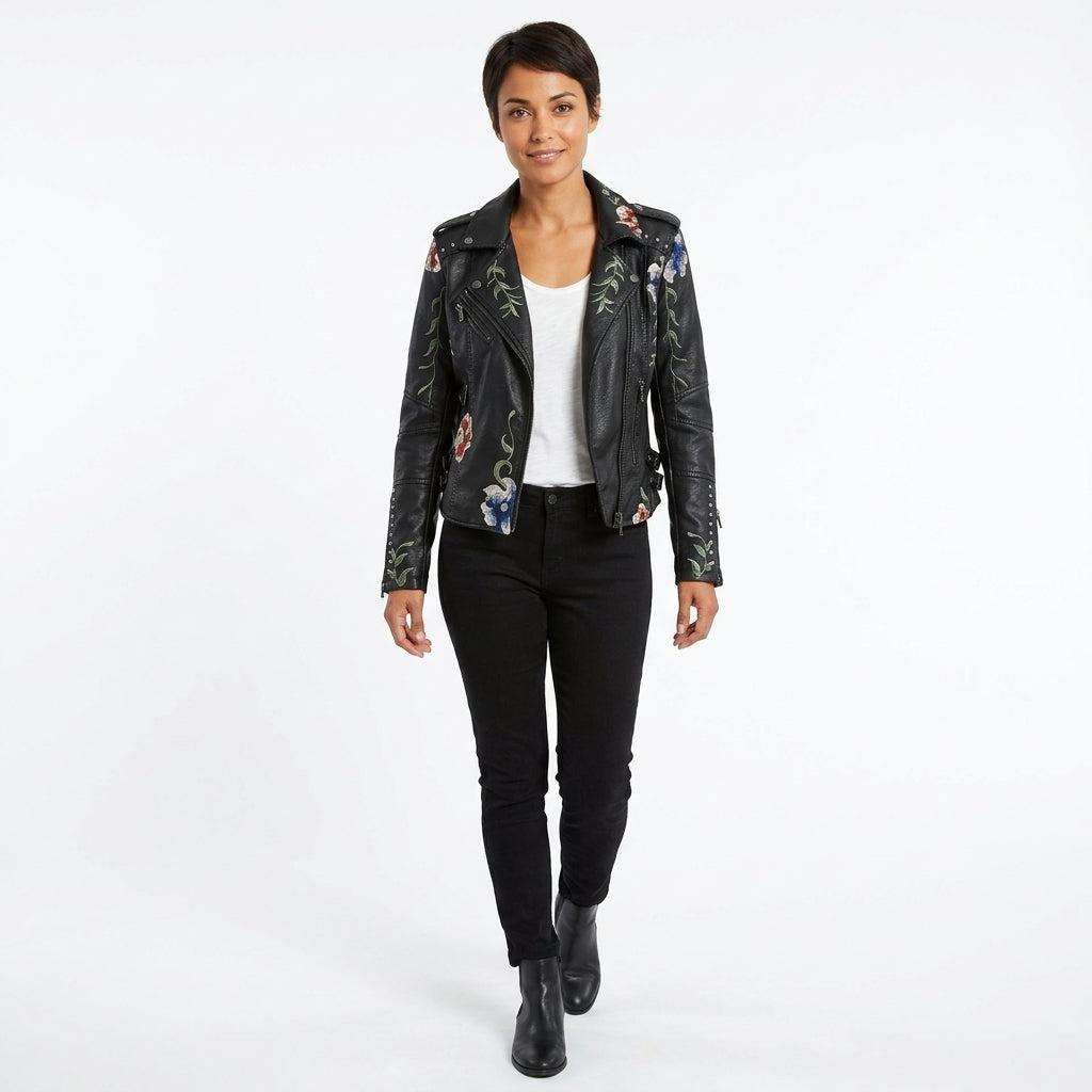 Clarissa | Women's Faux Leather Biker Jacket with Floral Embroidery and Studs