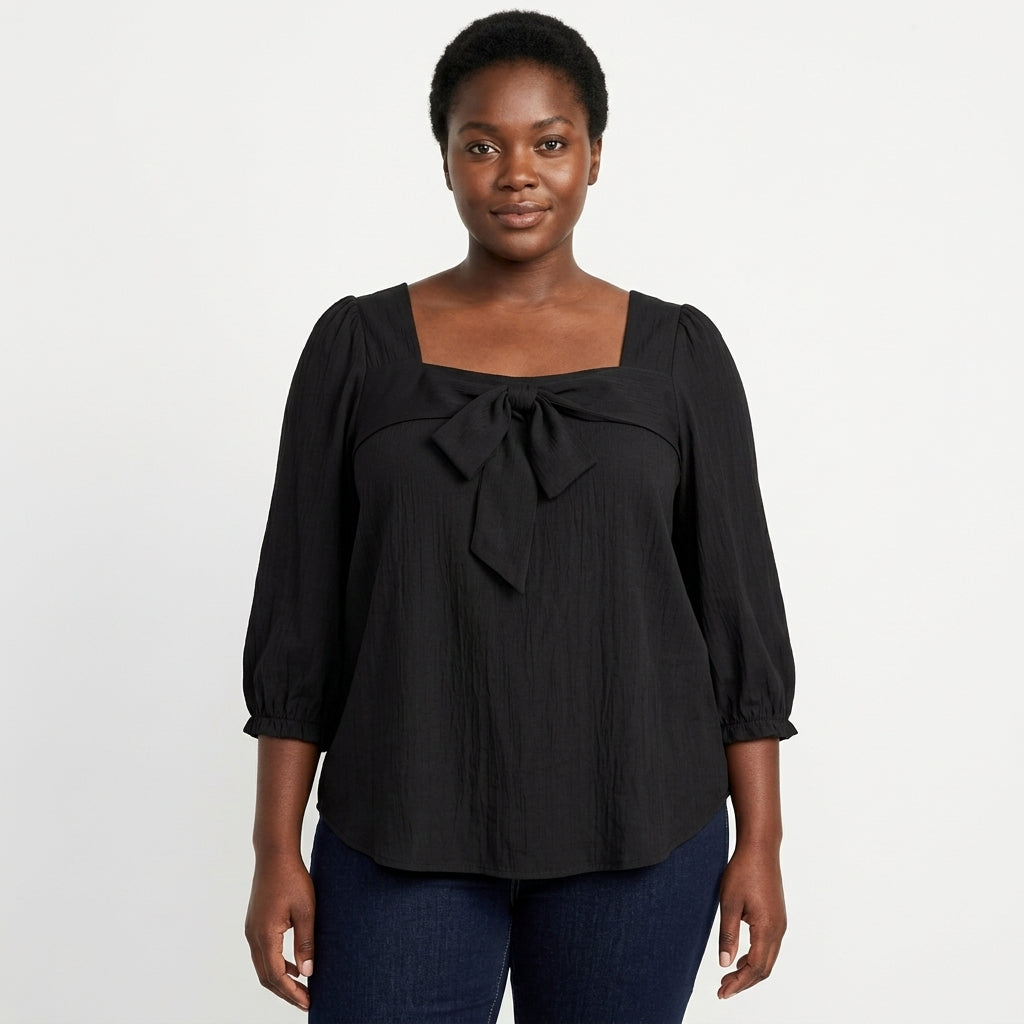 Emilia | Square-Neck Blouse with Front Bow and Three-Quarter Puff Sleeves