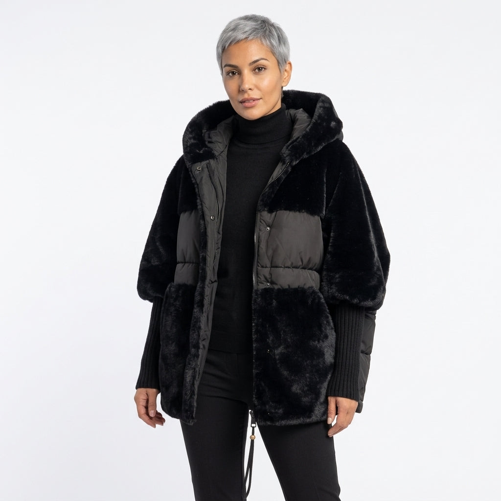 Grace Oversized Hooded Puffer Coat with Faux Fur Panels