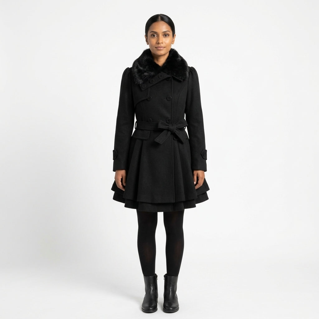 Vivienne | Women's Double-Breasted Wool-Blend Coat with Belt and Faux Fur Collar