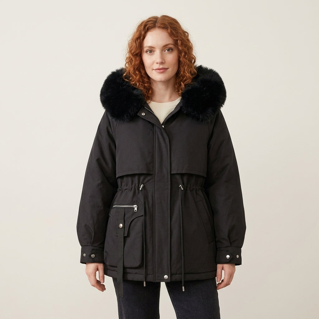 Elodie | Women's Puffer Jacket with Faux Fur-Trimmed Hood and Drawstring Waist