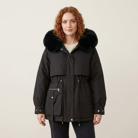 Elodie | Women's Puffer Jacket with Faux Fur-Trimmed Hood and Drawstring Waist