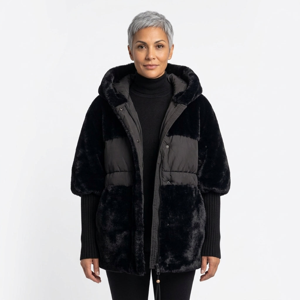 Grace Oversized Hooded Puffer Coat with Faux Fur Panels