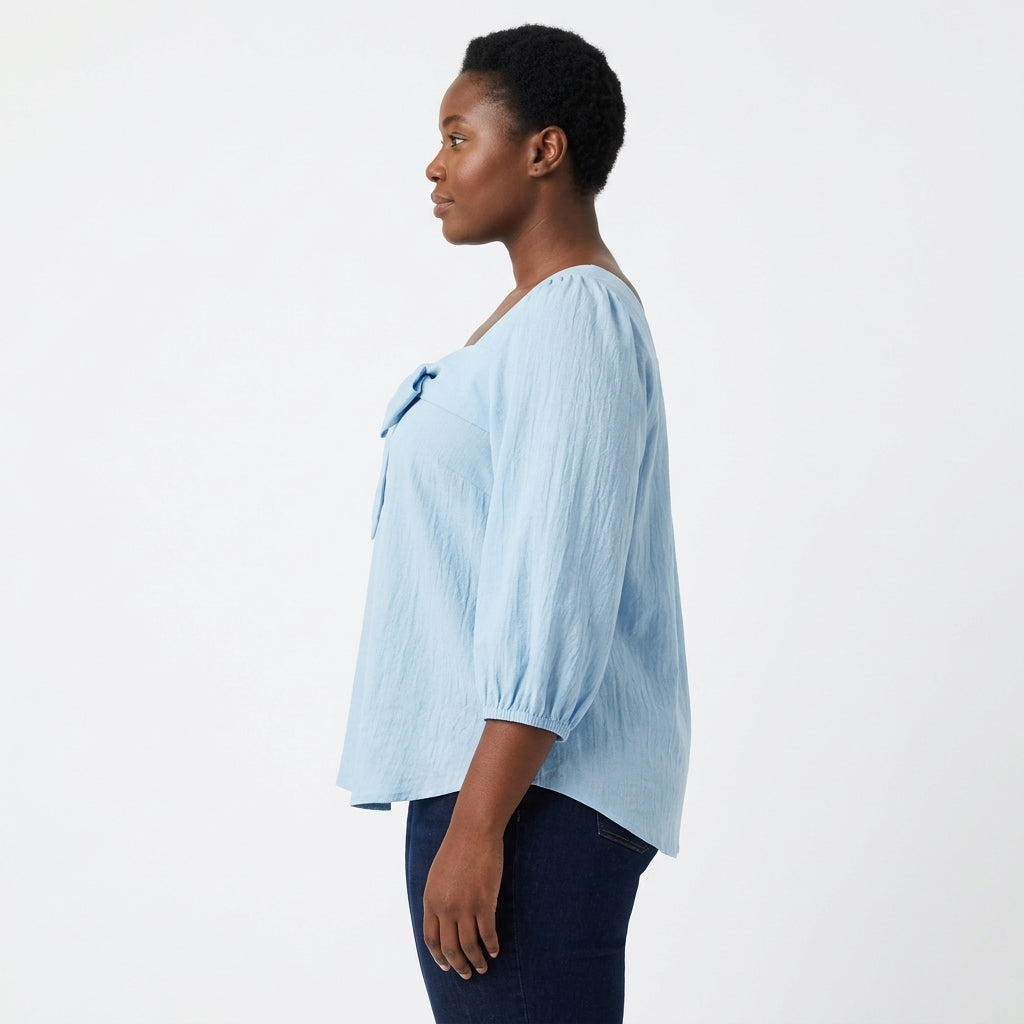 Emilia | Square-Neck Blouse with Front Bow and Three-Quarter Puff Sleeves