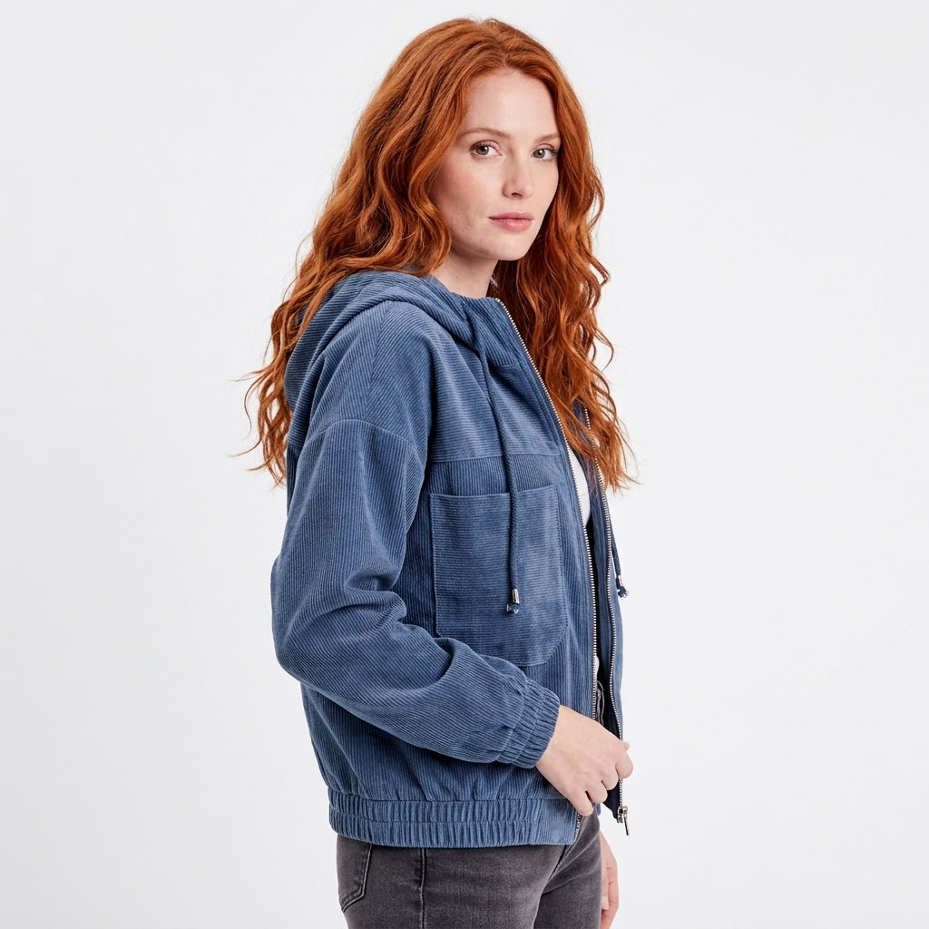 Scarlett | Women's Corduroy Hooded Zip-Up Quilted Jacket Oversized Fit