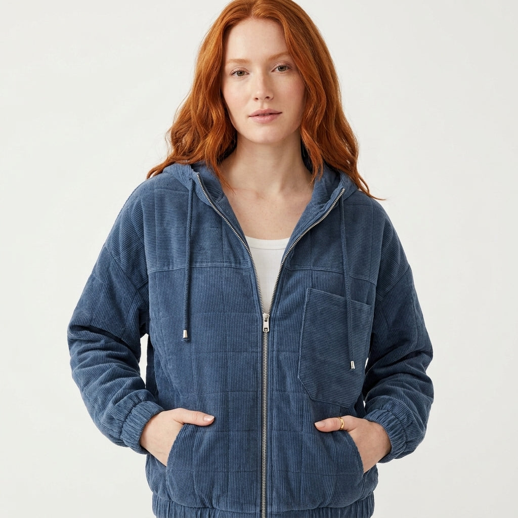 Scarlett | Women's Corduroy Hooded Zip-Up Quilted Jacket Oversized Fit