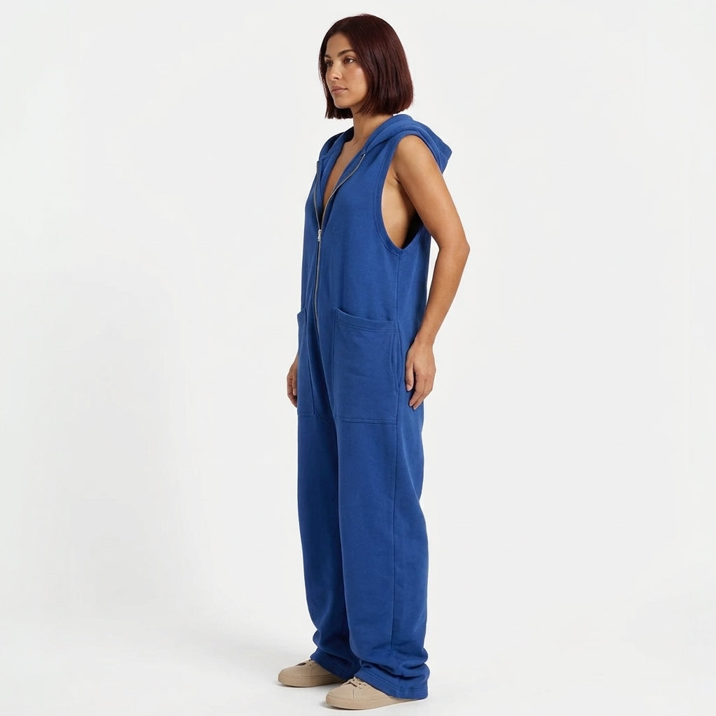 Hailey | Women's Relaxed Sleeveless Hooded Jumpsuit with Front Zip and Large Pockets