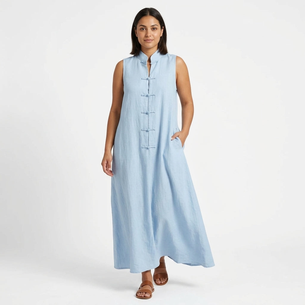 Savrani | Lightweight Sleeveless Maxi Dress with Mandarin Collar, Frog Closures and Pockets