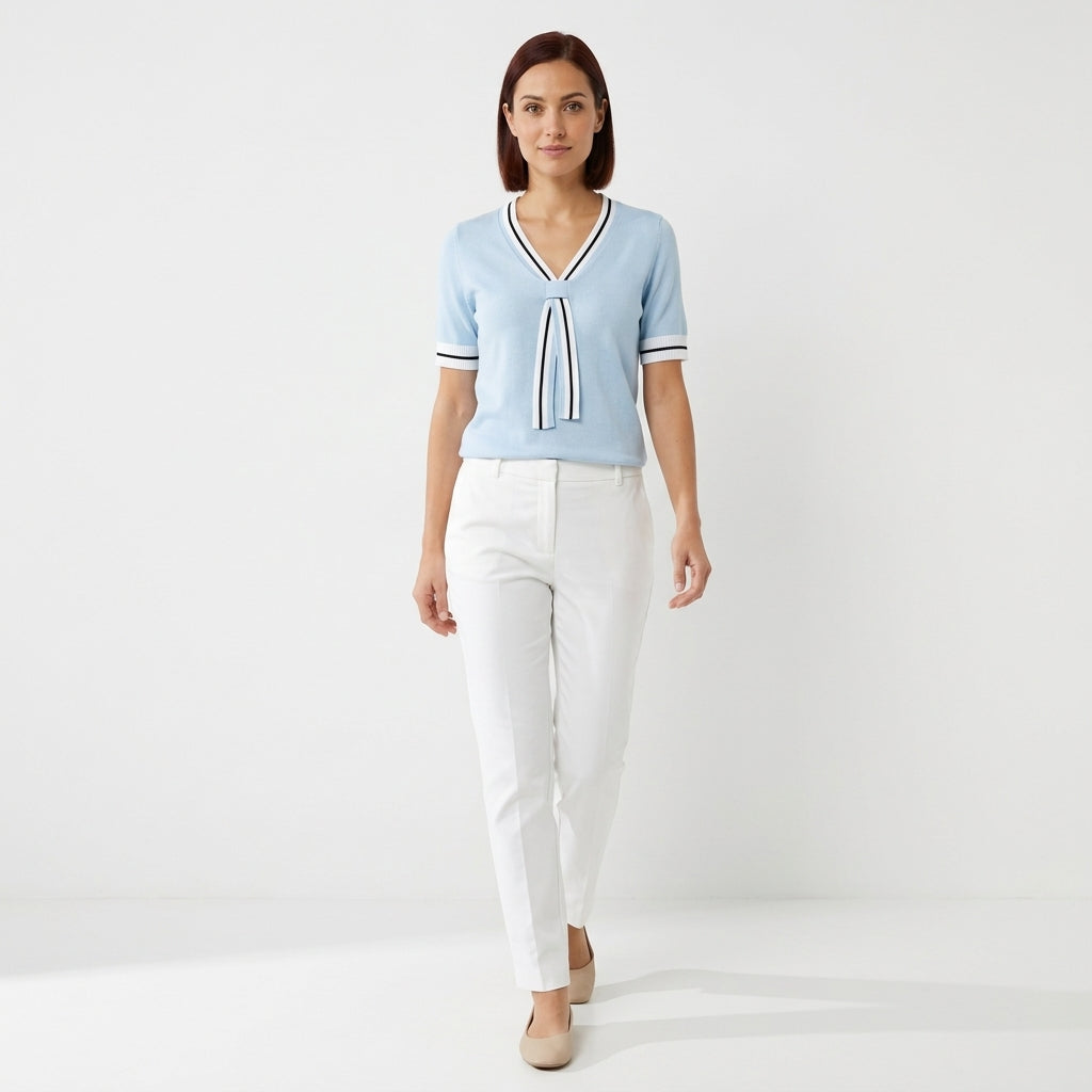 Grace | Women's Short-Sleeve V-Neck Sweater with Contrast Tie Detail