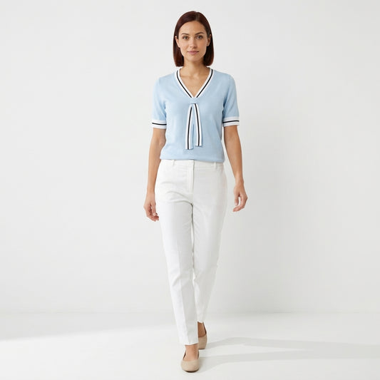 Grace | Women's Short-Sleeve V-Neck Sweater with Contrast Tie Detail