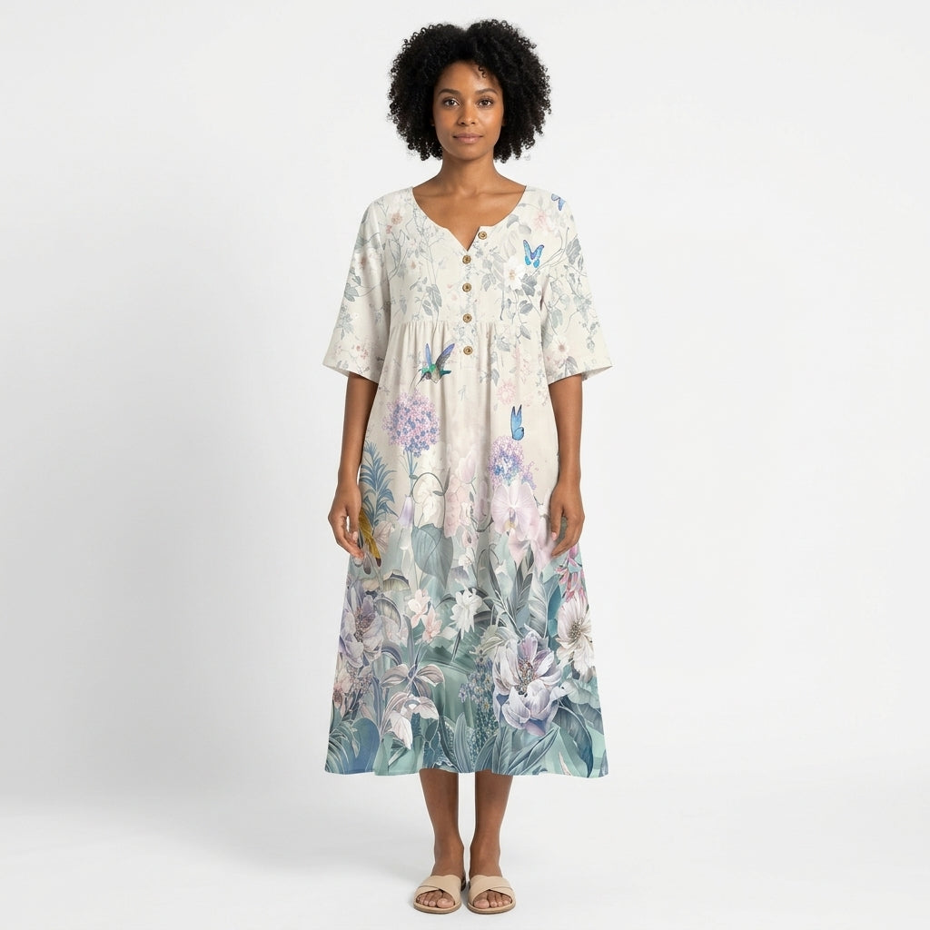 Julia | Women's Floral Maxi Dress with V-Neck, Decorative Buttons and Pockets