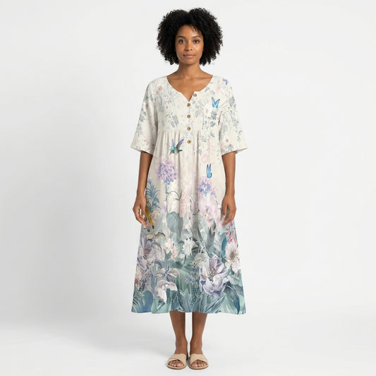 Julia | Women's Floral Maxi Dress with V-Neck, Decorative Buttons and Pockets