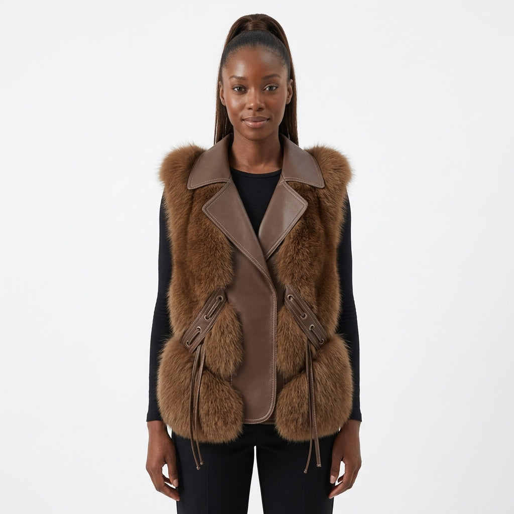 Lumiére faux fur gilet with lapels and side tie detailing