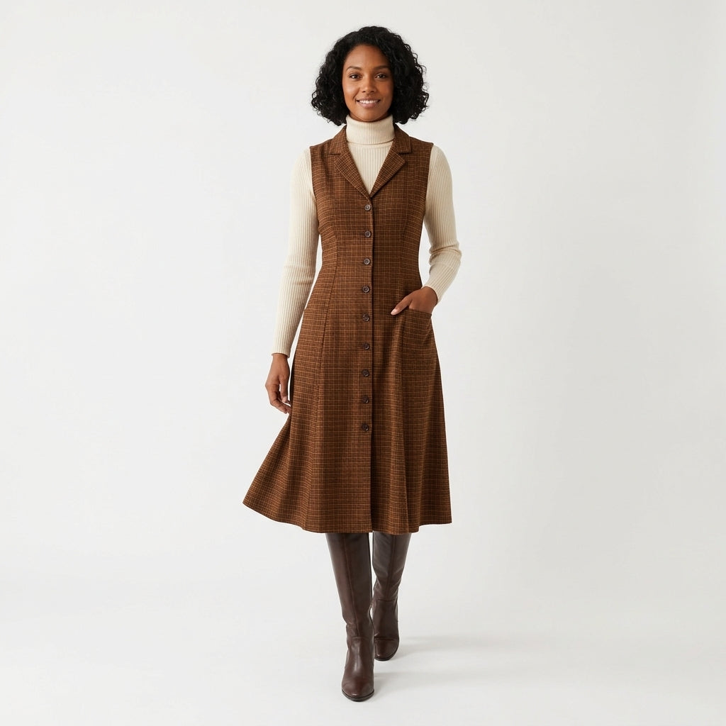 Helena | Women's Brown Plaid Sleeveless Midi Dress with Pockets and Back Tie