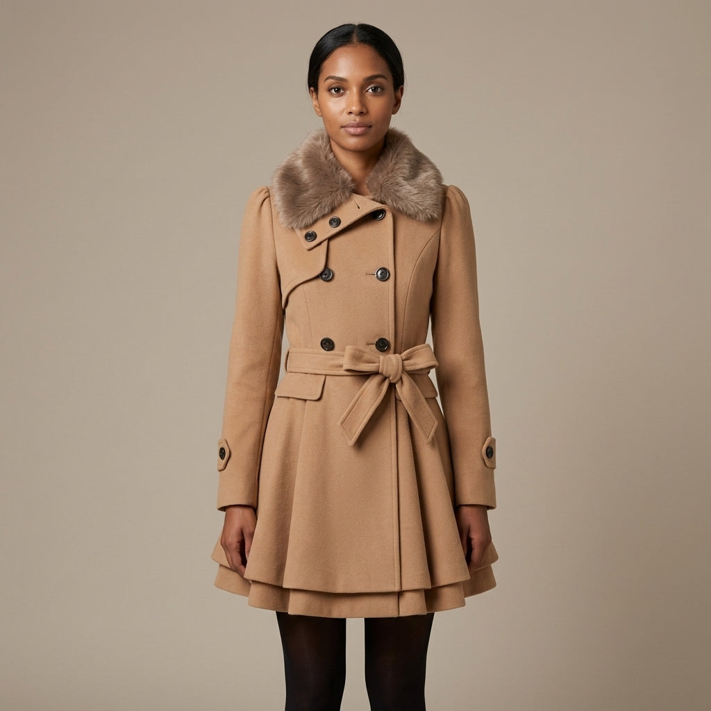 Vivienne | Women's Double-Breasted Wool-Blend Coat with Belt and Faux Fur Collar