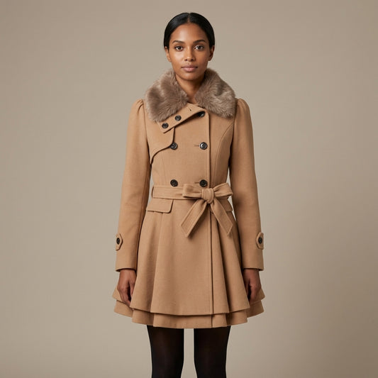 Vivienne | Women's Double-Breasted Wool-Blend Coat with Belt and Faux Fur Collar
