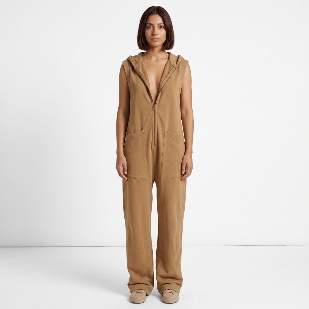 Hailey | Women's Relaxed Sleeveless Hooded Jumpsuit with Front Zip and Large Pockets