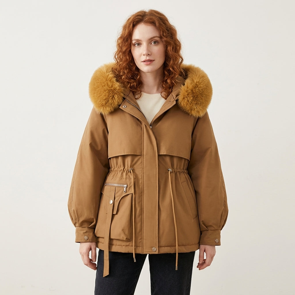 Elodie | Women's Puffer Jacket with Faux Fur-Trimmed Hood and Drawstring Waist