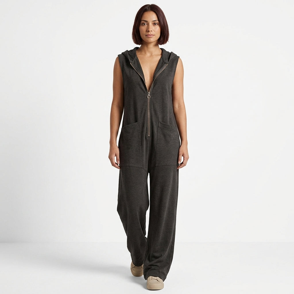 Hailey | Women's Relaxed Sleeveless Hooded Jumpsuit with Front Zip and Large Pockets