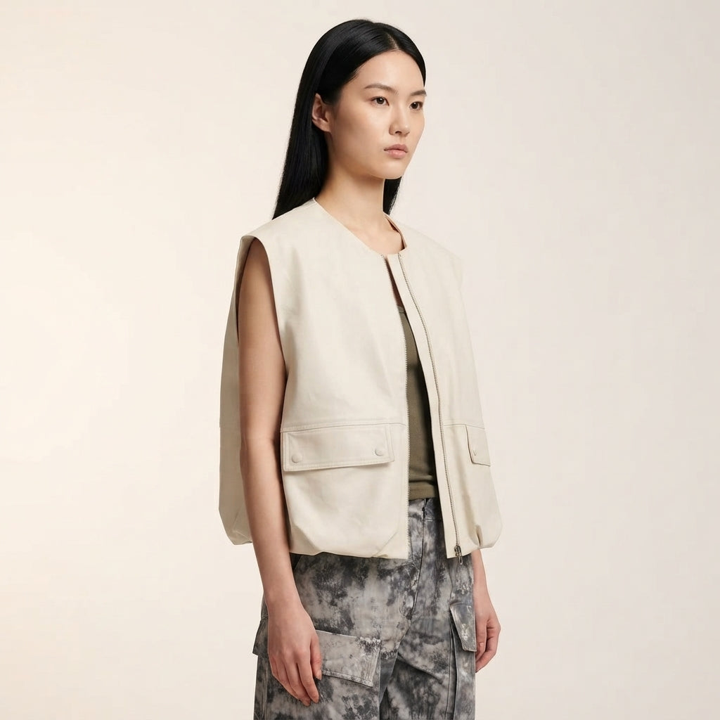 Ivy Women's Zip-Front Cropped Vest with Snap Flap Pockets