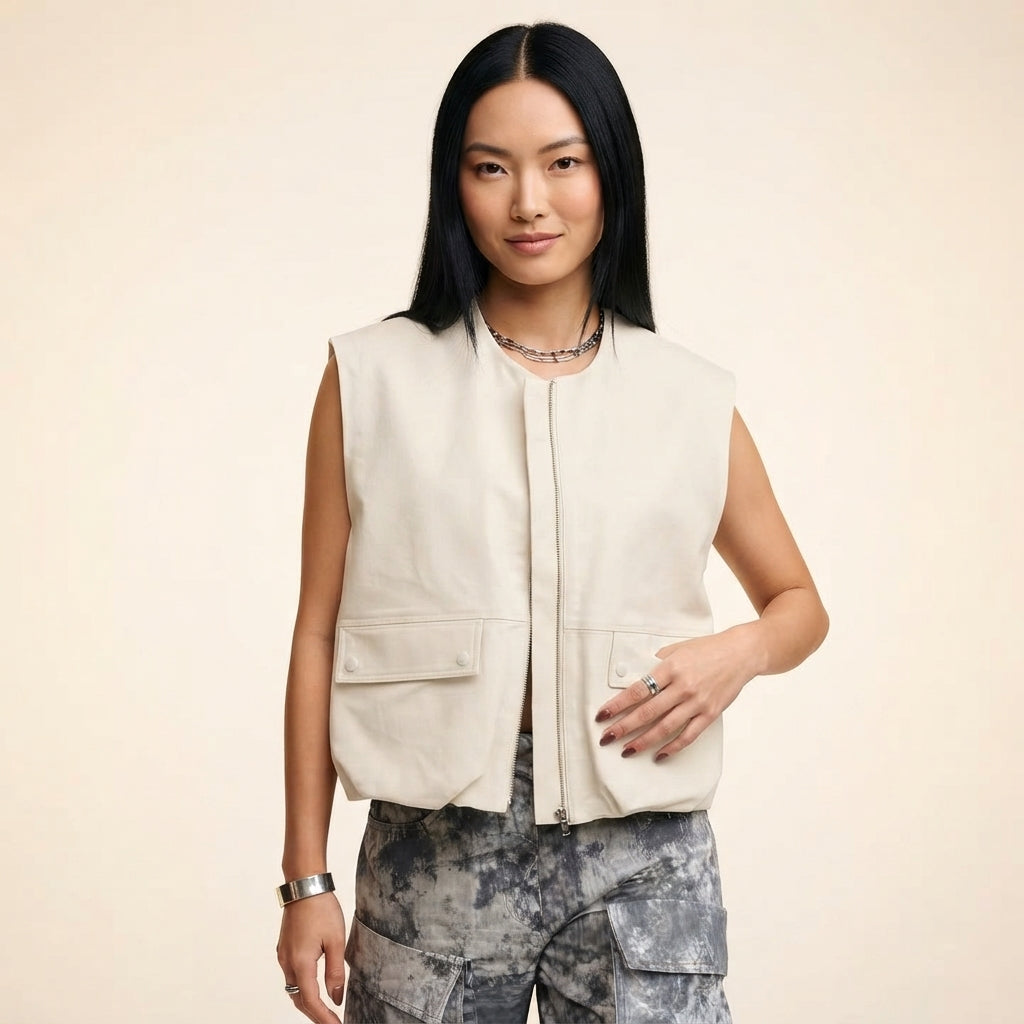 Ivy Women's Zip-Front Cropped Vest with Snap Flap Pockets