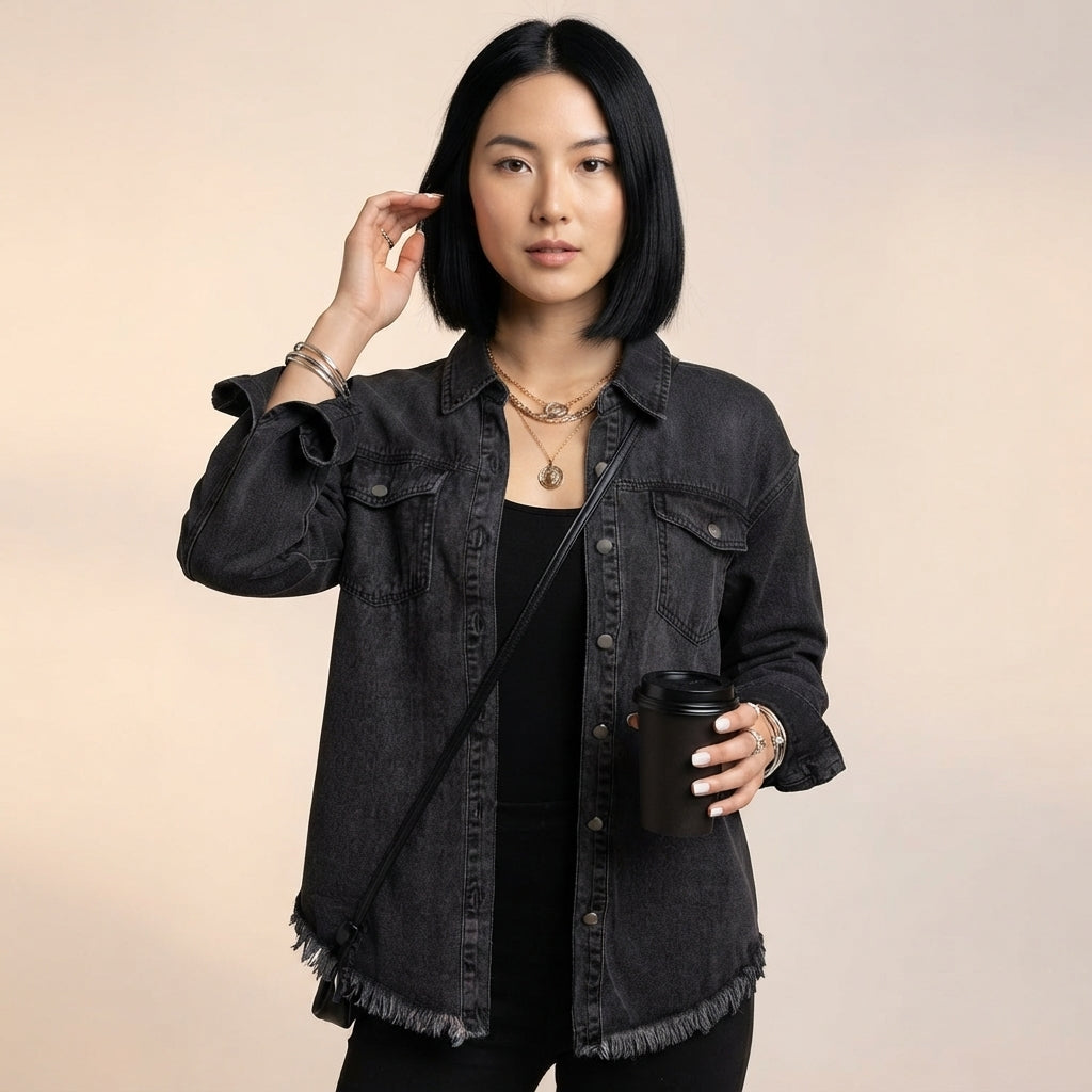 Piper Women's Classic Denim Jacket with Frayed Hem