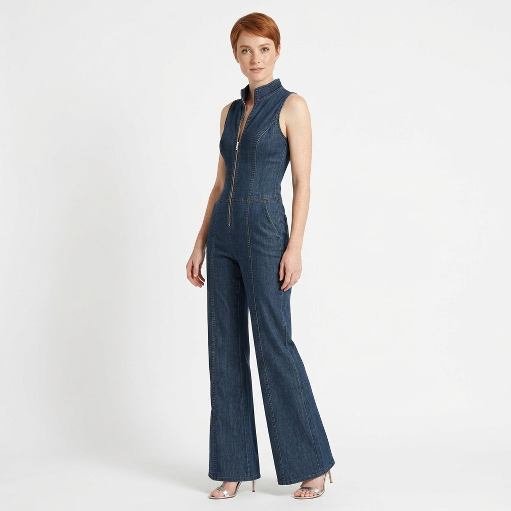 Ella | Women's Sleeveless Denim Jumpsuit with Stand Collar, Front Zip and Flared Legs