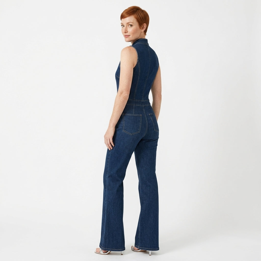 Ella | Women's Sleeveless Denim Jumpsuit with Stand Collar, Front Zip and Flared Legs