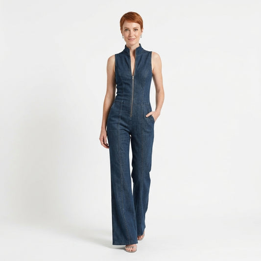 Ella | Women's Sleeveless Denim Jumpsuit with Stand Collar, Front Zip and Flared Legs