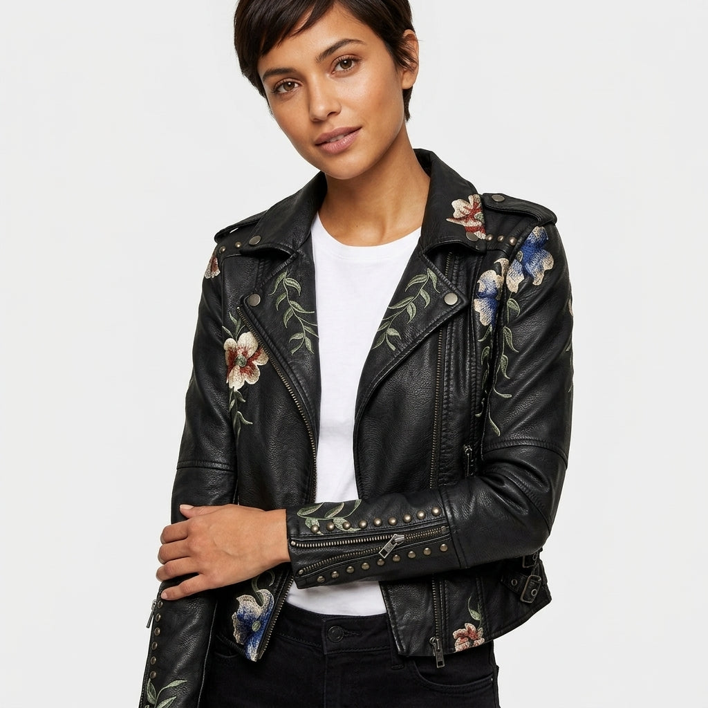 Clarissa | Women's Faux Leather Biker Jacket with Floral Embroidery and Studs