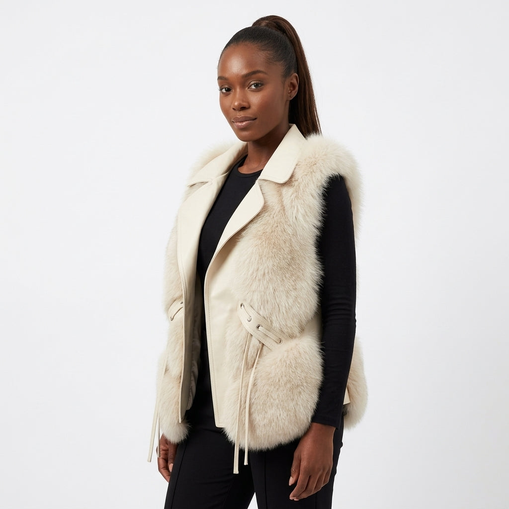 Lumiére faux fur gilet with lapels and side tie detailing