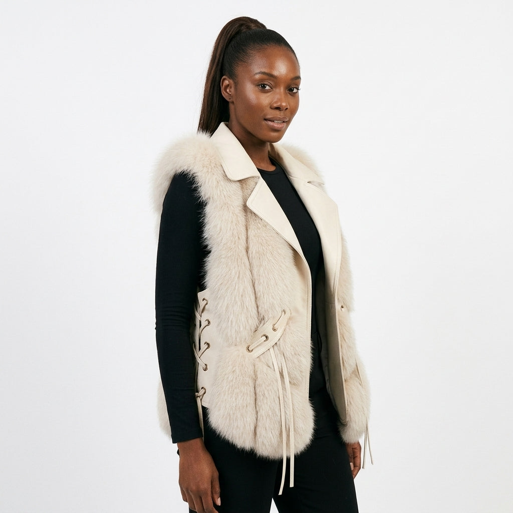 Lumiére faux fur gilet with lapels and side tie detailing