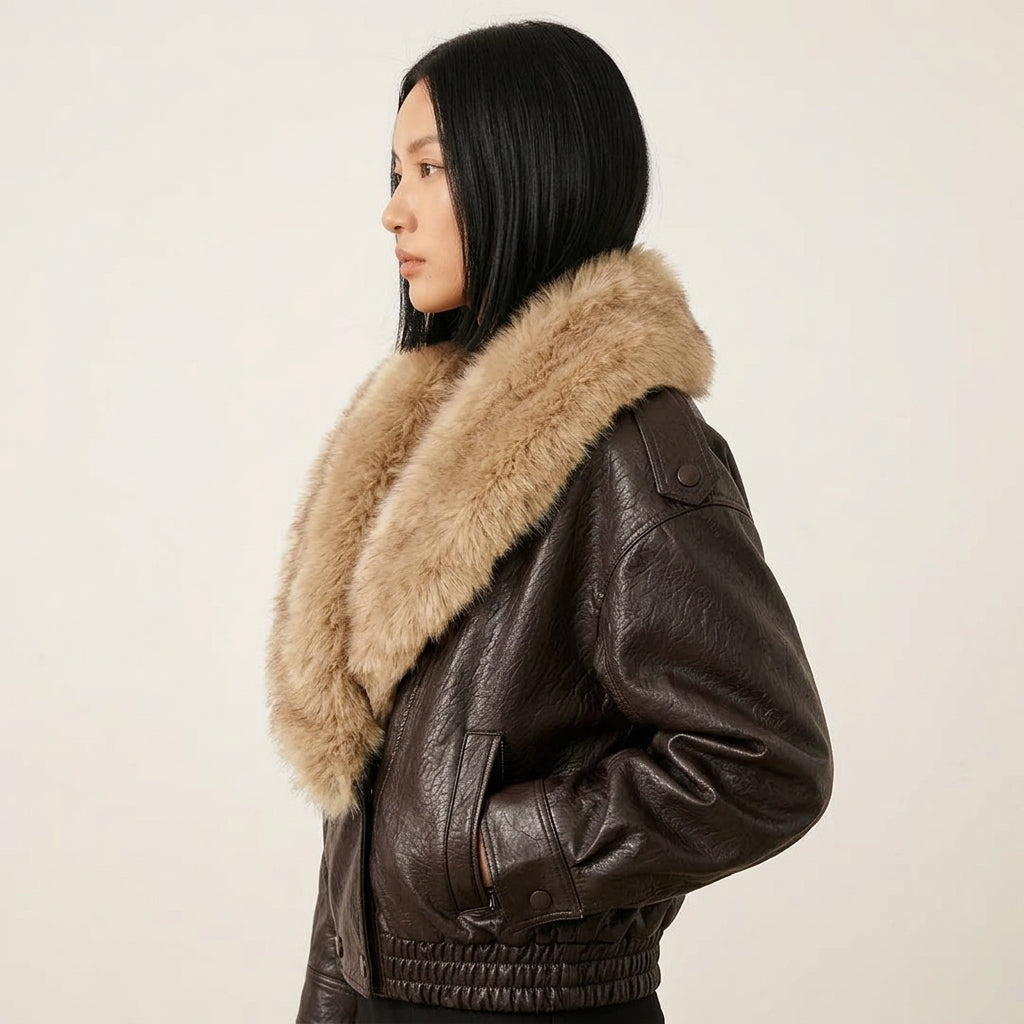 Soerana Faux Leather Jacket with Faux Fur Collar