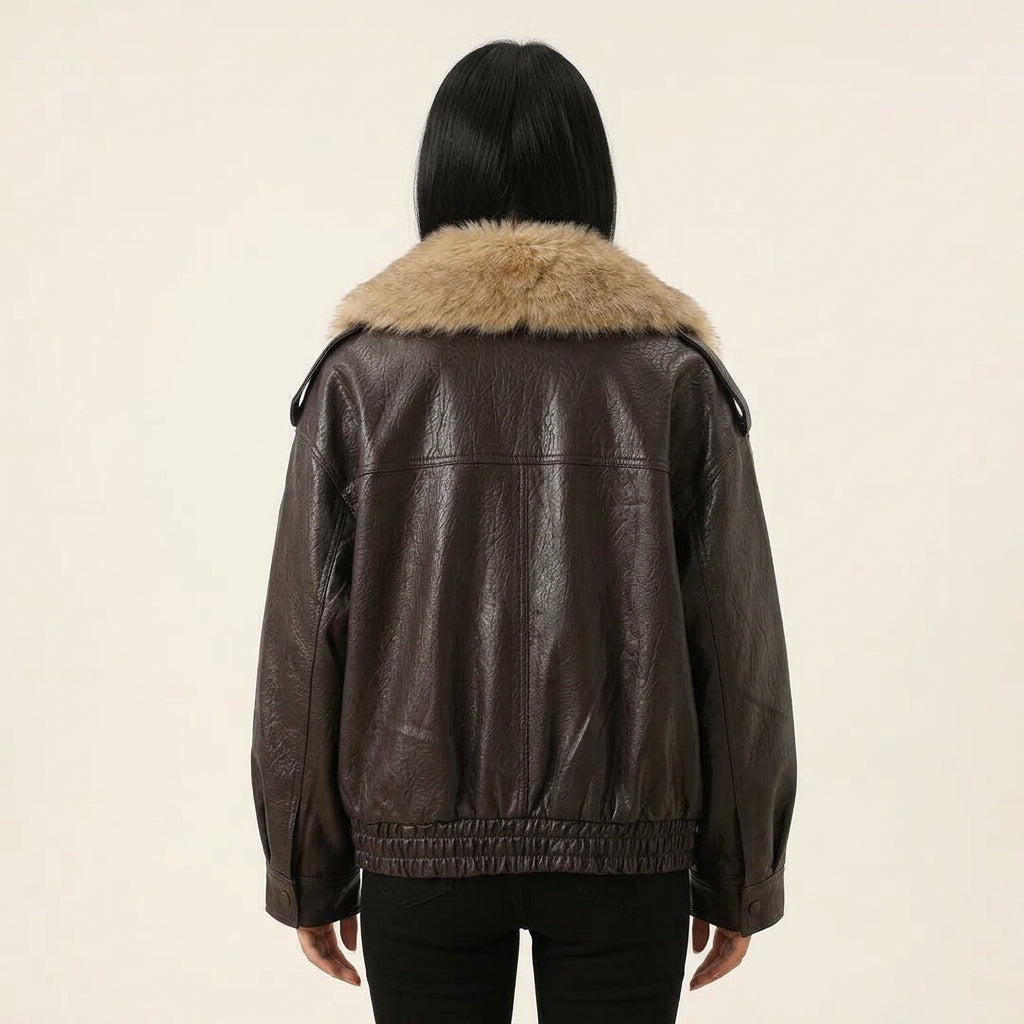 Soerana Faux Leather Jacket with Faux Fur Collar