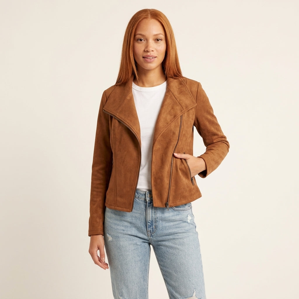 Isabella | Women's Asymmetric-Zip Tailored Faux Suede Biker Leather Jacket