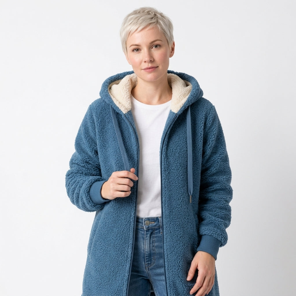 Fleur-Faye Women's Longline Sherpa Fleece Hooded Jacket