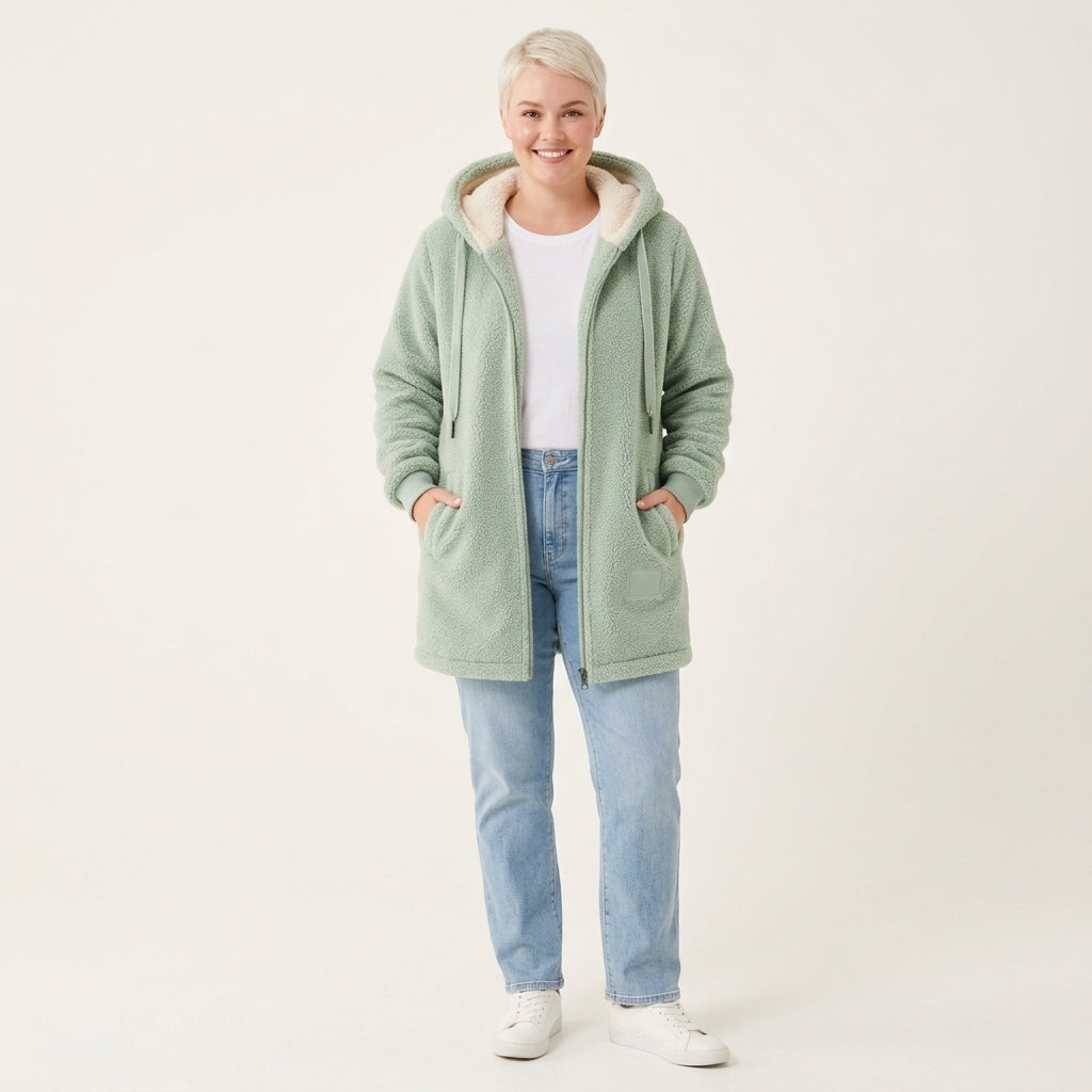 Fleur-Faye Women's Longline Sherpa Fleece Hooded Jacket