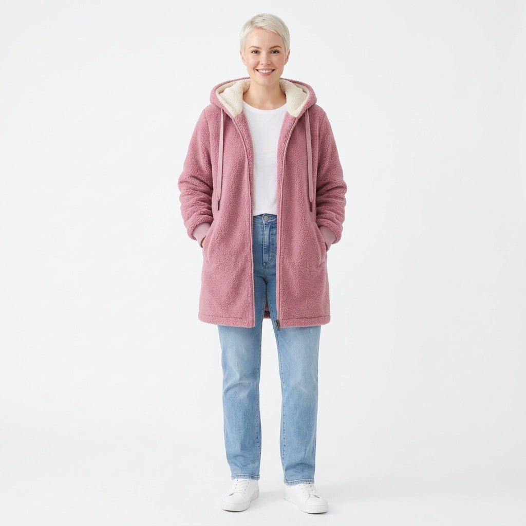 Fleur-Faye Women's Longline Sherpa Fleece Hooded Jacket