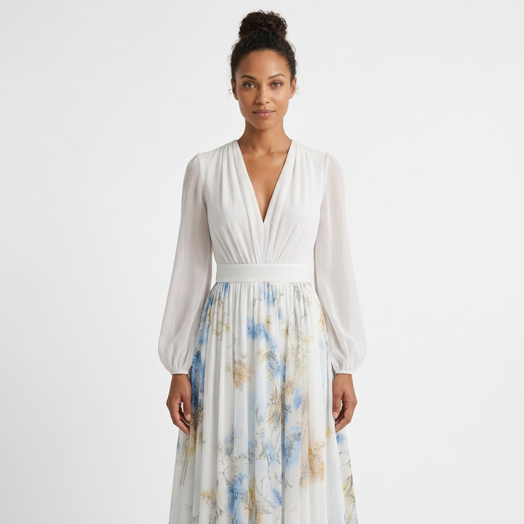 Celena | Floral Maxi Occasion Dress with Deep V-Neck and Long Sleeves